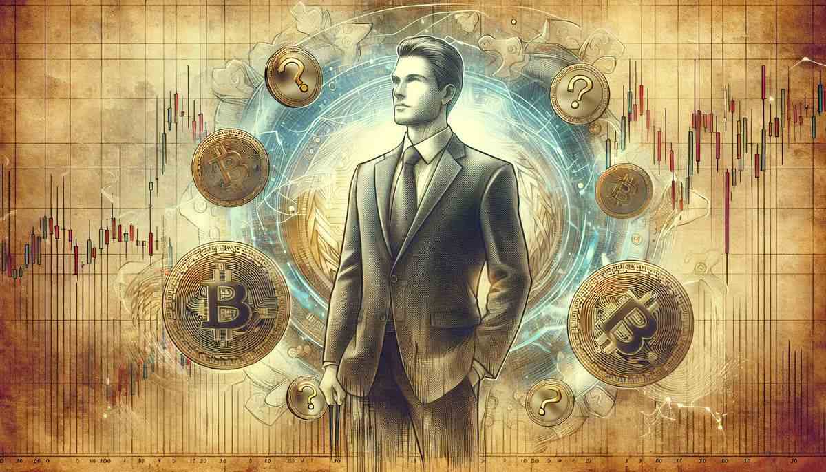 Trader w garniturze, w tle wykres giełdowy i monety Bitcoin.