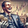 Trader trzymający w dłoniach stosy monet ze znakiem zapytania, w tle wykres giełdowy.