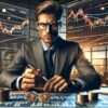 Zamyślony trader. Przed nim leżą monety. W tle wykresy giełdowe.