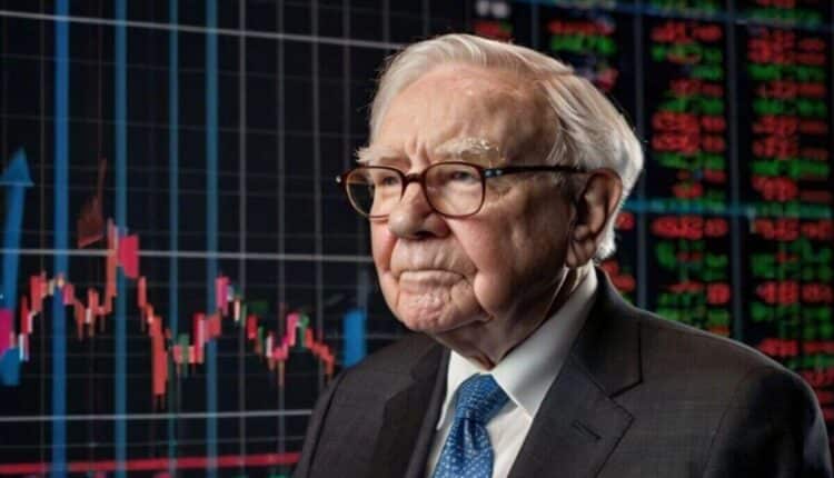 Zamyślony Warren Buffett spoglądający przed siebie. W tle wykresy giełdowe.