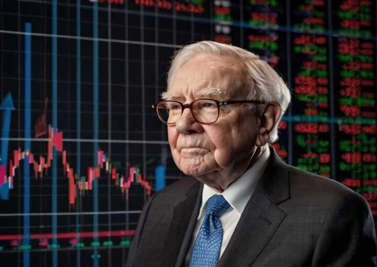 Zamyślony Warren Buffett spoglądający przed siebie. W tle wykresy giełdowe.