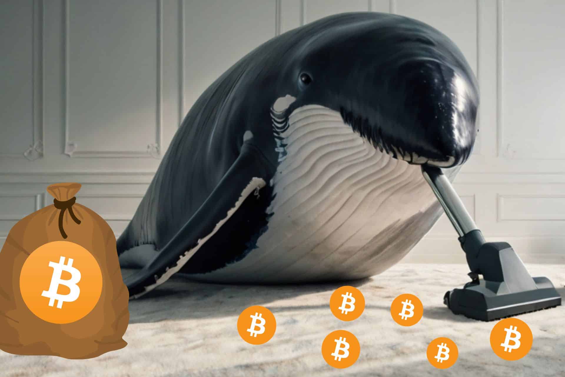 Wieloryb Bitcoina wciągający BTC z dywanu za pomocą odkurzacza. Obok worek z BTC.