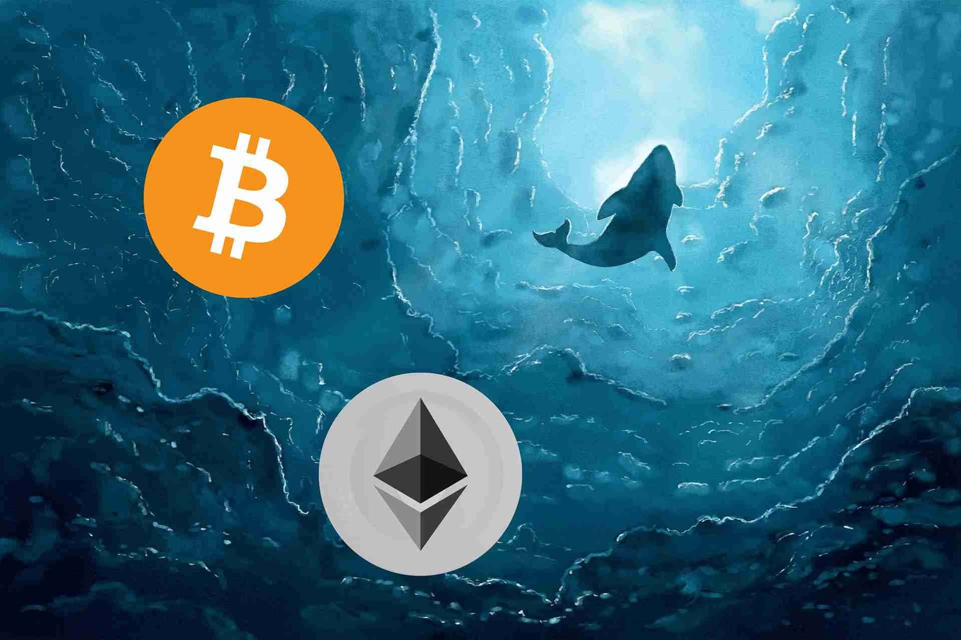 Wieloryby w oceanie, w tle logo Bitcoin i Ethereum.
