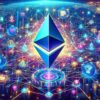 obrazek przedstawiający blockchain ethereum, ze znakiem ethereum w centralnej części i połączeniami