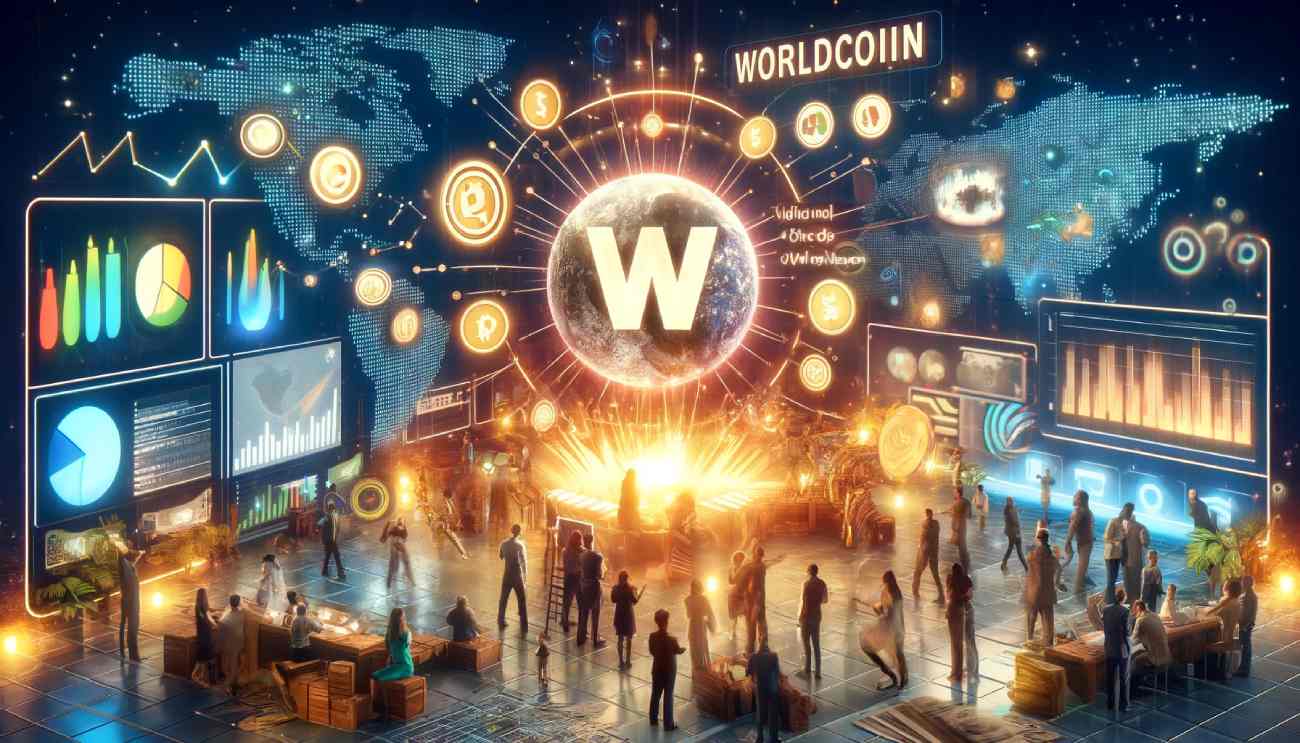 w centralnej cześci obrazka litera W przedstawiająca kryptowalutę worldcoin, wokół ludzie, mapy i wykresy