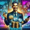Uradowany trader otoczony monetami Bitcoin. W tle wykresy giełdowe i mapy.