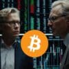 Eksperci przyglądający się wykresom giełdowym. W centrum obrazka logo Bitcoin.