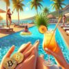 człowiek popijający drinka z palemką nad basenem, w jednej ręce drink, w drugiej monety krypto bitcoin