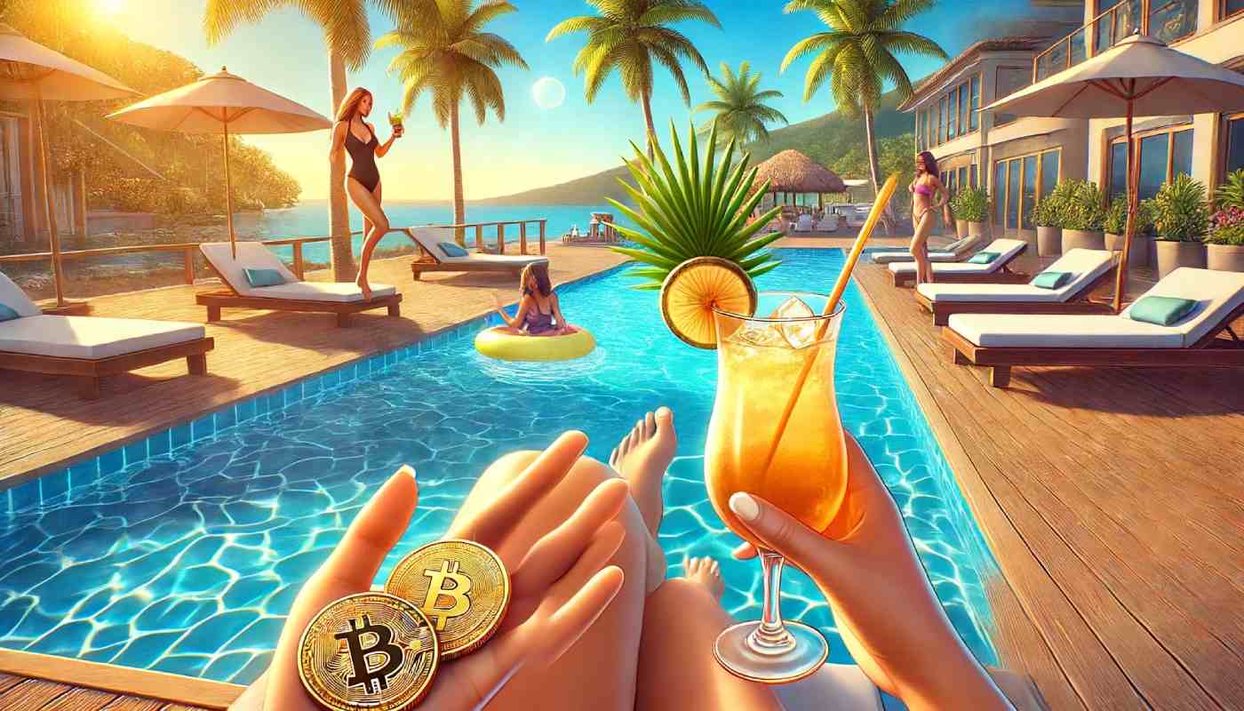 człowiek popijający drinka z palemką nad basenem, w jednej ręce drink, w drugiej monety krypto bitcoin