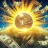 moneta bitcoin pośród dolarów wyrażonych w baknotach, obrazująca prognozę, którą wysnuł robert kiyosaki