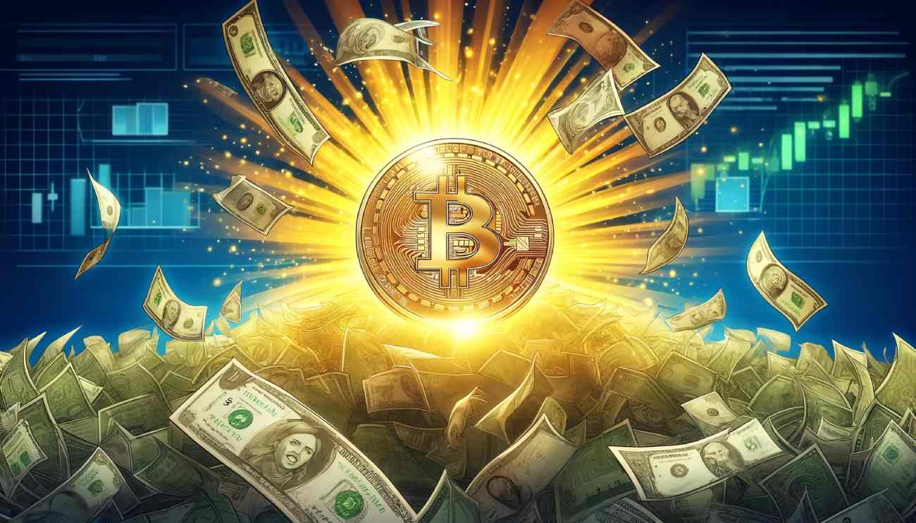 moneta bitcoin pośród dolarów wyrażonych w baknotach, obrazująca prognozę, którą wysnuł robert kiyosaki