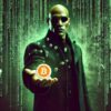 morfeusz z filmu matrix trzymający w ręce pomarańczową pigułkę z logo bitcoin