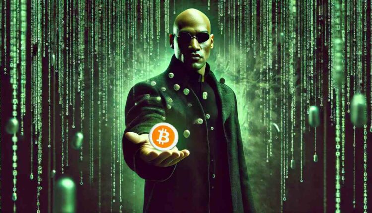 morfeusz z filmu matrix trzymający w ręce pomarańczową pigułkę z logo bitcoin