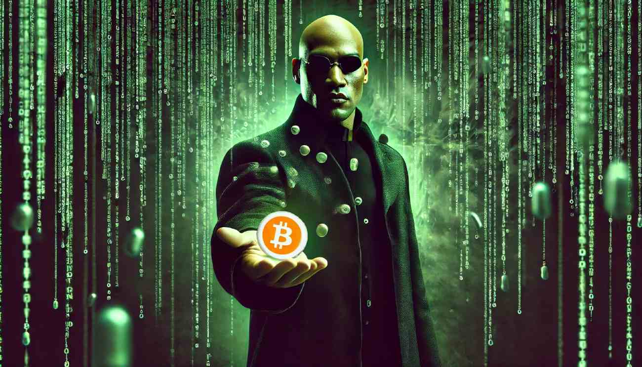 morfeusz z filmu matrix trzymający w ręce pomarańczową pigułkę z logo bitcoin