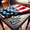 monety bitcoin na stole obok flagi usa i tabliczką z napisem "for sale"