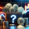 Czarna tabliczka ze znakiem zapytania, wokół niej Bitcoiny. W tle wykresy giełdowe.