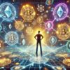 Postać stojąca pośród Bitcoinów i Ethereum.