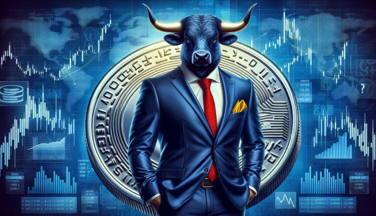 Byk w garniturze na tle wykresów giełdowych.