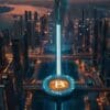 Futurystyczne miasto jako centrum kryptowalut. Logo BTC.