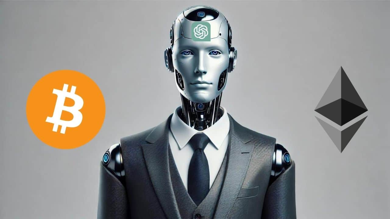 Humanoidalny robot z logiem ChatGPT, obok niego kryptowaluty Bitcoin i Ethereum