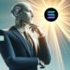 ChatGPT jako robot patrzący w słońce z logiem Solana