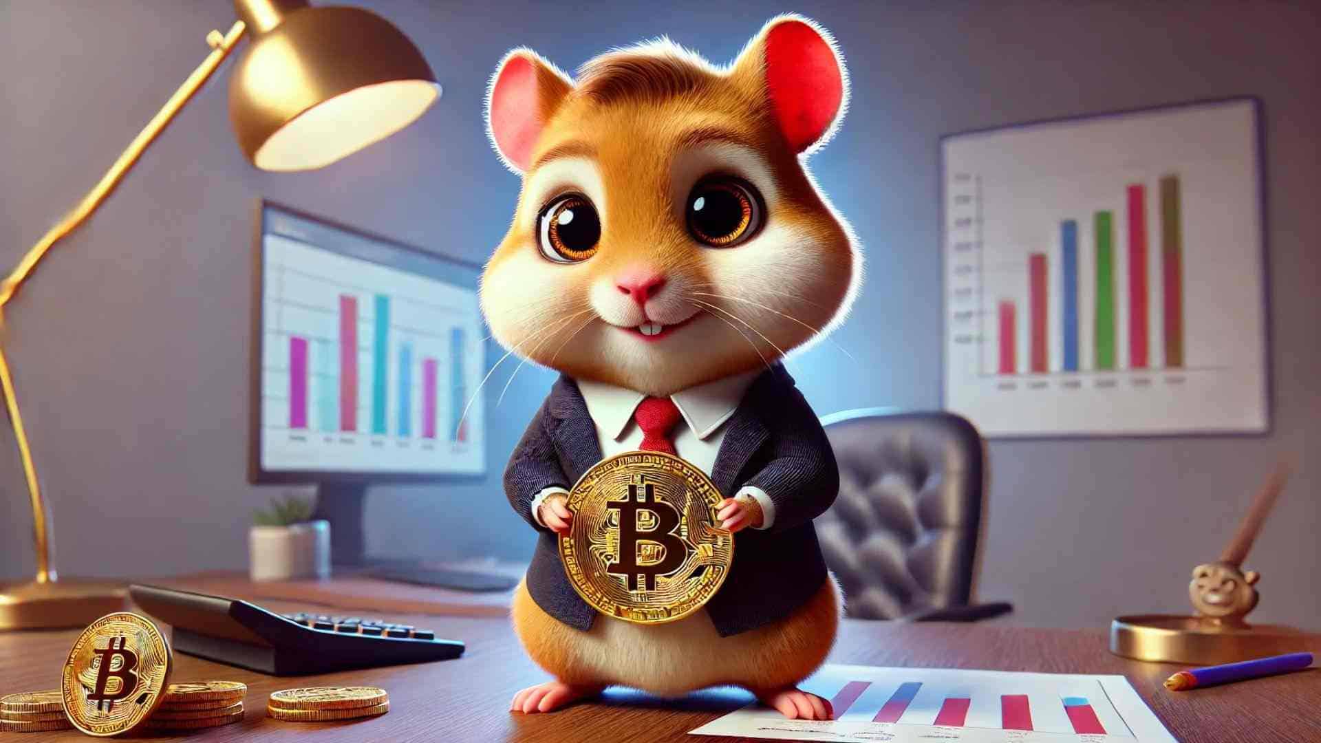Chomik w garniturze trzymający monetę Bitcoin.
