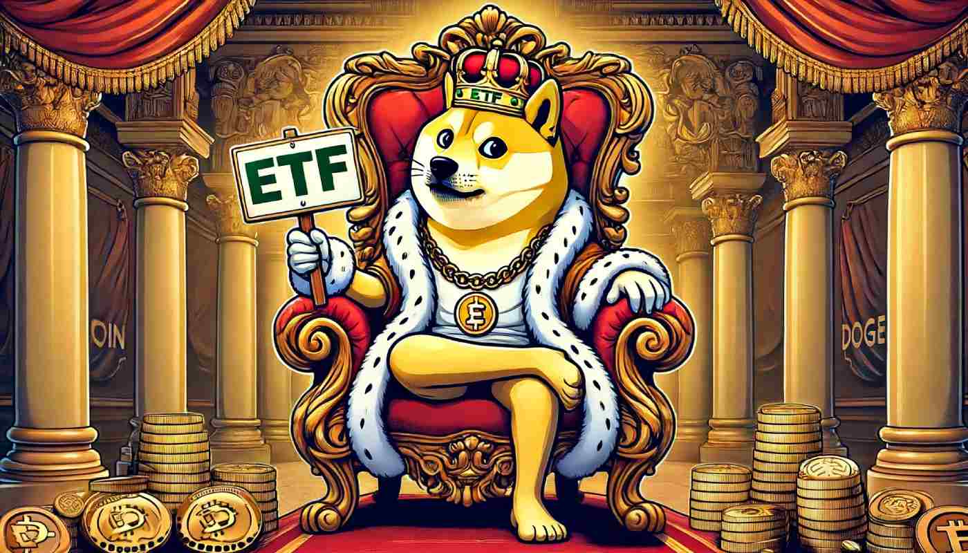 dogecoin, symbol DOGE, na tronie jako król kryptowalut, z tabliczką ETF