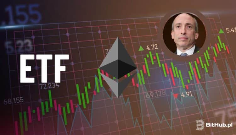 Wykres świecowy z logiem Ethereum, napisem ETF oraz portretem Gary'ego Genslera