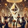 ludzie świętujący zwycięstwo ethereum nad sec, popijający szampana w atmosferze celebracji