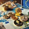 banknoty euro i monety kryptowalut takich jak Bitcoin i Ethereum leżące na stole obok mapy UE