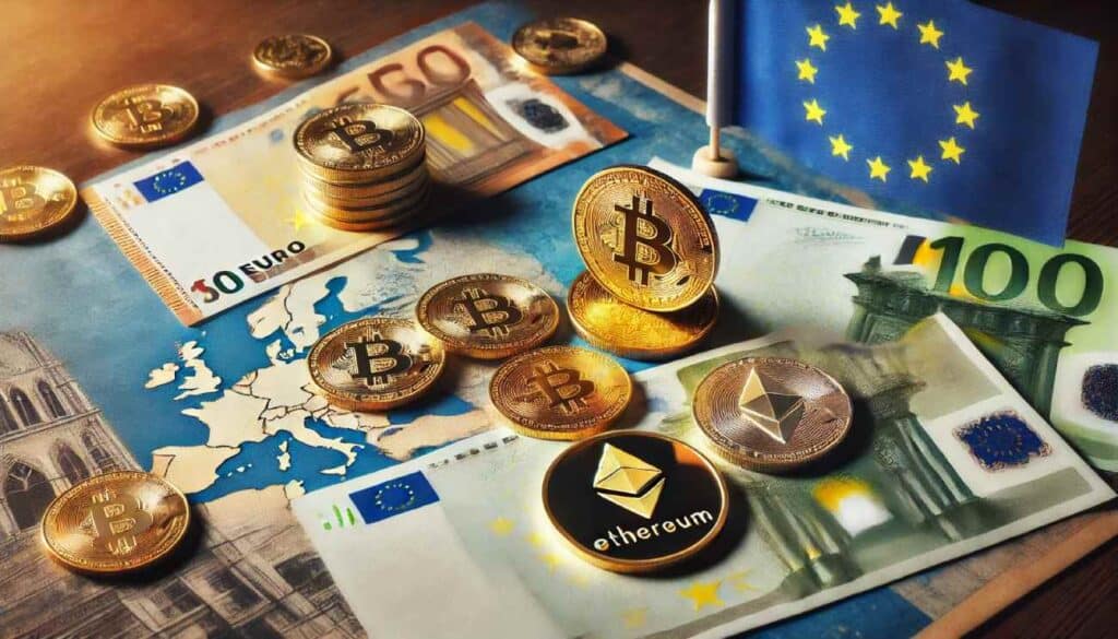 banknoty euro i monety kryptowalut takich jak Bitcoin i Ethereum leżące na stole obok mapy UE