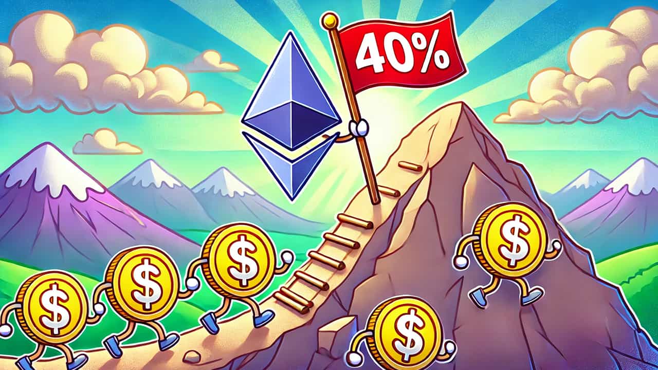 Monety wspinające się na górę Ethereum, na które token trzyma czerwoną flagę "40%".