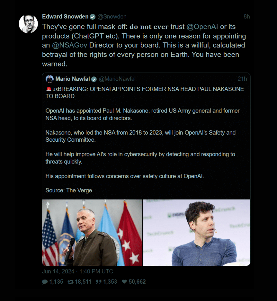 OpenAI zatrudniła szefa b. NSA – tweet Edwarda Snowdena