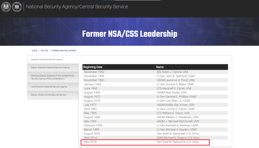 Oficjalna strona NSA – byli szefowie Agencji