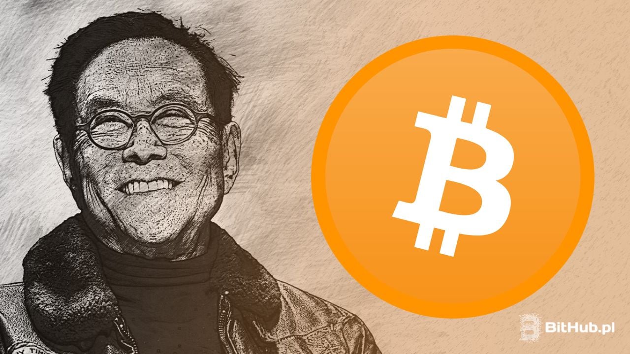 Robert Kiyosaki, obok niego kryptowaluta Bitcoin