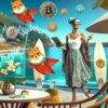 Młoda kobieta w letnim kurorcie. W tle Bitcoiny, wykresy giełdowe i Base.