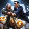 dwie postaci z korei walczą o worki pełne krypto
