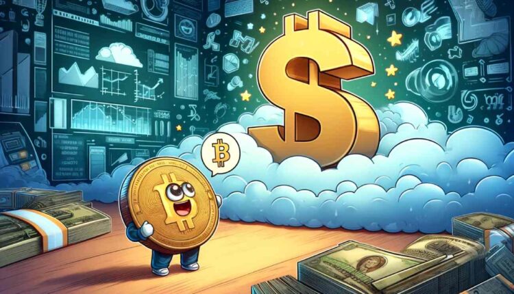 mały bitcoin patrzący na znak dolara amerykańskiego w formie kreskówki, w stylu "chciałbym kiedyś być taki jak on"