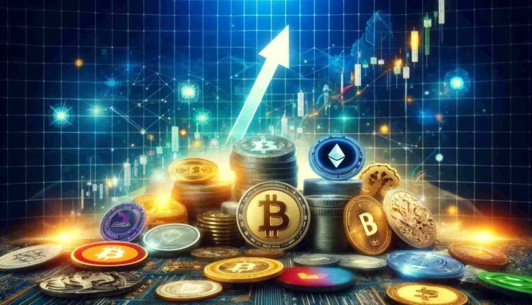Monety z logo kryptowalut. W tle wykresy giełdowe.