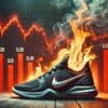 płonący but nike, w tle czerwone negatywne wykresy giełdowe