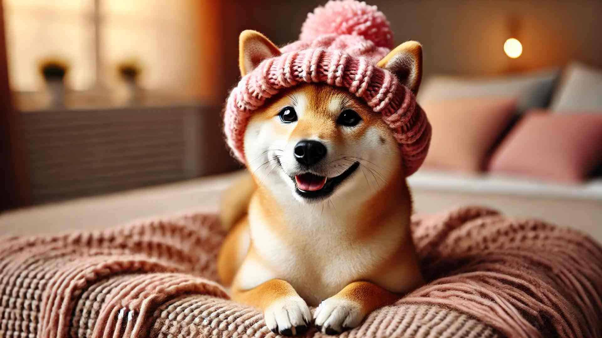 Piesek w różowej czapce.