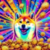 Pieseł wyłaniający się z góry złotych monet Bitcoin.