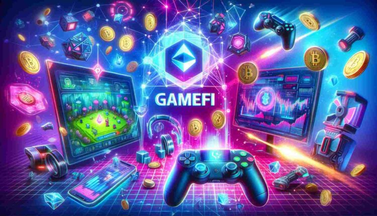 Futurystyczny pokój entuzjasty play to earn. W tle monitory, pad, wykresy.
