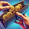 Dłonie trzymające portfel wypełniony monetami BTC.