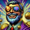Radosny mężczyzna w okularach, w tle Bitcoiny.
