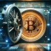drzwi do skarbca, za którymi znajduje się gigantyczna moneta bitcoin