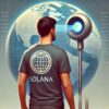 mężczyzna w koszulce z napisem SOLANA skanujący siatkówkę urządzeniem Worldcoin
