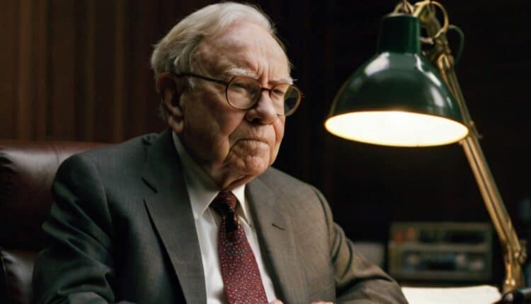 Zamyślony Warren Buffett siedzący przy biurku.