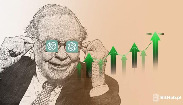 Warren Buffett z oczami loga ChatGPT na tle wykresu wskazującego wzrosty