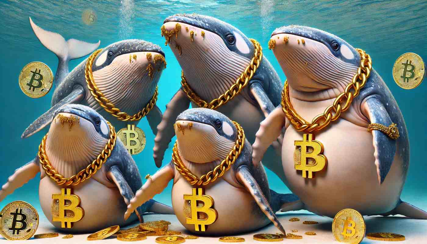 wieloryby z logo bitcoin na złotych łańcuchach, humorystycznie przedstawieni jako grono przyjaciół